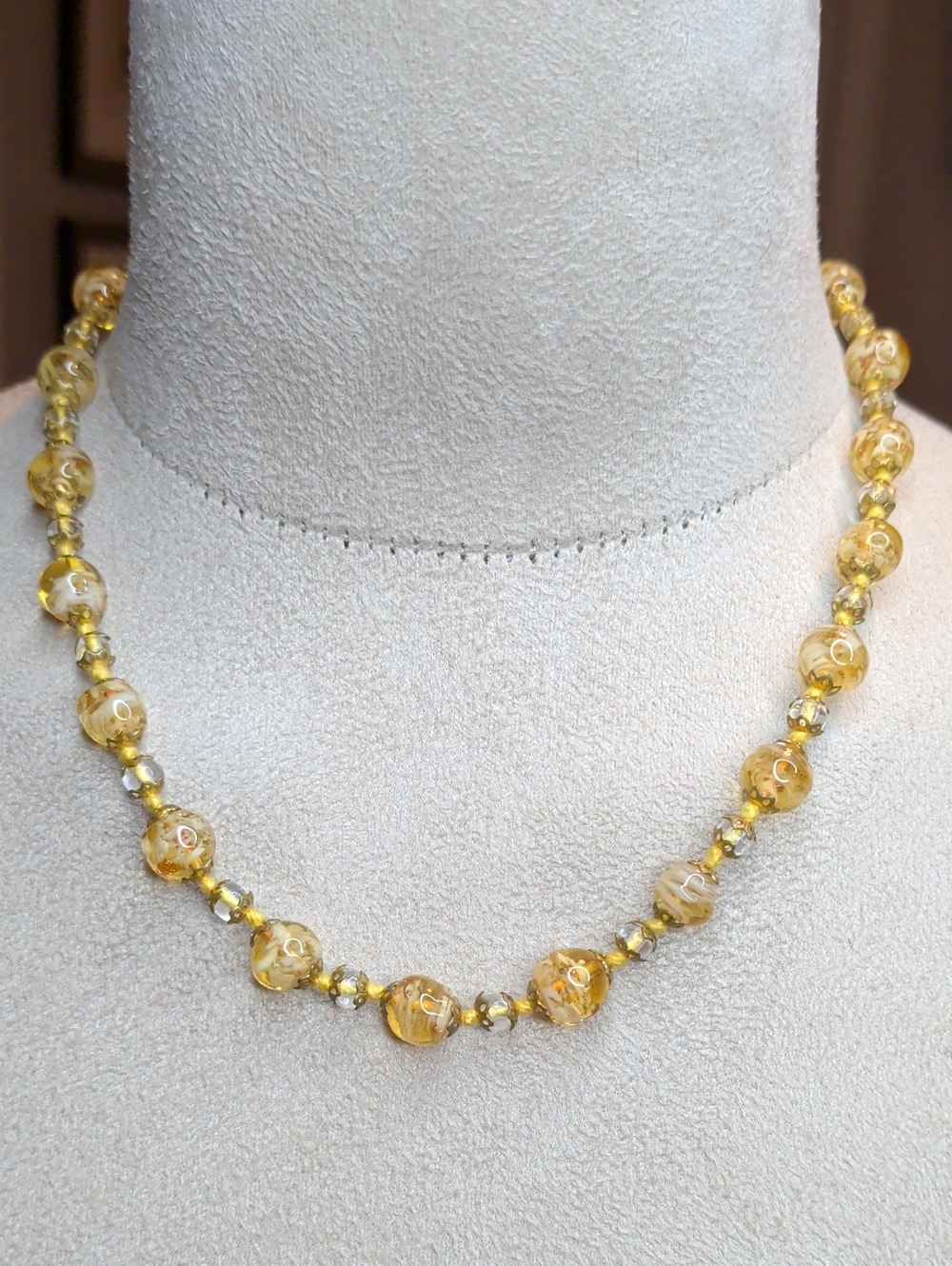 Vintage Murano Sommerso Glass Beaded Necklace Cream Tan Princess Length